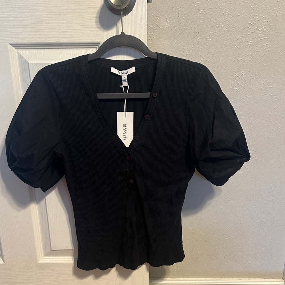 10 Crosby Derek Lam Black Puff Sleeve Ribbed Top